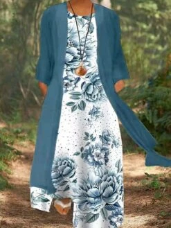 Women‘s Plus Size Curve Dress Set Print Crew Neck Print 3/4 Length Sleeve Spring Fall Stylish Casual Maxi Long Dress Daily Holiday Dress -HAYz Clothing Shop obavsl1636381020328