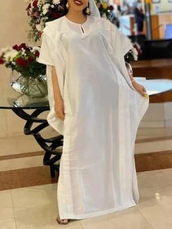 Women‘s Plus Size Curve Casual Dress Shift Dress Kaftan Dress Solid Color Long Dress Maxi Dress Half Sleeve Ruffle Crew Neck Elegant Vacation White Yellow Summer Spring One Size -HAYz Clothing Shop obclih1677653320513