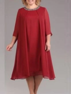 Women‘s Plus Size Curve Work Dress Chiffon Dress Swing Dress Fashion Midi Dress Layered Fake Two Piece Crew Neck 3/4 Length Sleeve Plain Regular Fit Black Red Navy Blue Summer Spring -HAYz Clothing Shop obcvil1691042501947