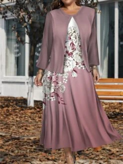 Women's Plus Size Two Piece Dress Set Casual Dress Swing Dress Outdoor Office Fashion Streetwear Print Midi Dress Crew Neck Long Sleeve Floral Ombre Regular Fit Blue Purple Green Fall Winter L XL XXL
