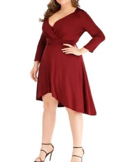 Women's Plus Size Curve Work Dress Black Dress A Line Dress Fashion Midi Dress Ruched V Neck Long Sleeve Plain Loose Fit Black Wine Blue Fall XL XXL 3XL 4XL 5XL -HAYz Clothing Shop oblctf1693203471106