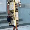 Women's Shirt Dress Casual Dress Maxi Long Dress Outdoor Daily Vacation Polyester Vintage Retro Shirt Collar Button Print Long Sleeve Fall Winter 2023 Loose Fit Yellow Color Block Tribal Ethnic S M L