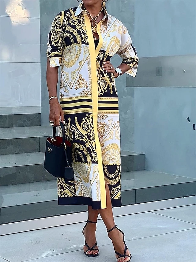 Women's Shirt Dress Casual Dress Maxi Long Dress Outdoor Daily Vacation Polyester Vintage Retro Shirt Collar Button Print Long Sleeve Fall Winter 2023 Loose Fit Yellow Color Block Tribal Ethnic S M L 1 Women's Shirt Dress Casual Dress Maxi Long Dress Outdoor Daily Vacation Polyester Vintage Retro Shirt Collar Button Print Long Sleeve Fall Winter 2023 Loose Fit Yellow Color Block Tribal Ethnic S M L