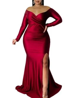 Women‘s Plus Size Curve Party Dress Sheath Dress Swing Dress Solid Color Long Dress Maxi Dress Long Sleeve Split Off Shoulder Fashion Party Black White Winter Fall L XL 3XL 4XL
