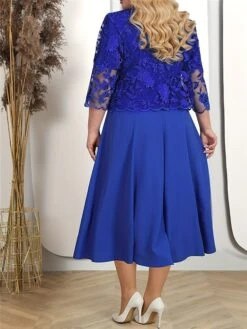 Women's Plus Size Curve Two Piece Dress Set Party Dress Lace Dress Party Wedding Guest Fashion Elegant Lace Embroidered Long Dress Maxi Dress Crew Neck 3/4 Length Sleeve Plain Pink Blue Spring -HAYz Clothing Shop obzyaf1692179471591