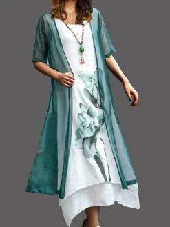 Women's Two Piece Dress Set Casual Dress Cotton Linen Dress Outdoor Daily Fashion Casual Fake Two Piece Print Midi Dress Crew Neck Short Sleeve Floral Painting Regular Fit Yellow Pink Red Summer -HAYz Clothing Shop occkyt1680146909497