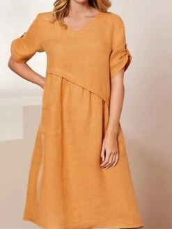 Women's Casual Dress Cotton Linen Dress A Line Dress Midi Dress Cotton Blend Basic Modern Outdoor Daily Vacation Crew Neck Ruched Patchwork Short Sleeve Summer Spring 2023 Loose Fit Orange Plain S M -HAYz Clothing Shop oclfvq1676517072336