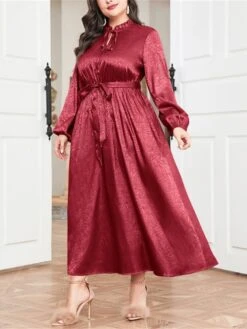 Women's Plus Size Prom Dress Party Dress Wedding Guest Dress Long Dress Maxi Dress Wine Long Sleeve Pure Color Lace Up Fall Winter Autumn Crew Neck Fashion Winter Dress Wedding Guest Evening Party -HAYz Clothing Shop ocsdvd1693210727671