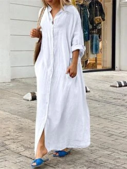 Women's Shirt Dress Casual Dress Cotton Linen Dress Maxi Long Dress Linen / Cotton Blend Basic Classic Outdoor Daily Vacation Shirt Collar Button Pocket 3/4 Length Sleeve Summer Spring Fall 2023 -HAYz Clothing Shop octozs1692084277090