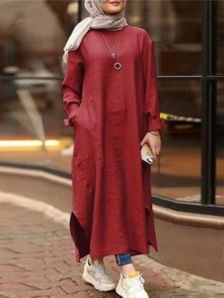 Women's Casual Dress Cotton Linen Dress Abaya Maxi Long Dress Linen / Cotton Blend Classic Casual Outdoor Daily Vacation Crew Neck Pocket Split Long Sleeve Spring Fall Winter 2023 Loose Fit ArmyGreen -HAYz Clothing Shop ocxxwd1692340968807