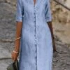 Women's Casual Dress Cotton Linen Dress Shift Dress Midi Dress Cotton Blend Basic Modern Outdoor Daily Vacation Stand Collar Button Half Sleeve Summer Spring Fall 2023 Loose Fit Blue Plain S M L XL