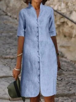 Women's Casual Dress Cotton Linen Dress Shift Dress Midi Dress Cotton Blend Basic Modern Outdoor Daily Vacation Stand Collar Button Half Sleeve Summer Spring Fall 2023 Loose Fit Blue Plain S M L XL