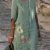 Women's Cotton Linen Dress Casual Dress Shift Dress Midi Dress Cotton Blend Fashion Casual Outdoor Daily Crew Neck Button Print Half Sleeve Summer Spring Fall 2023 Regular Fit Green Floral S M L XL
