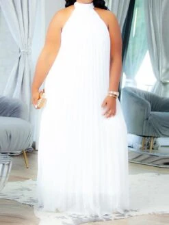 Women's Plus Size Curve Shift Dress Solid Color Halter Neck Ruched Sleeveless Spring Summer Basic Maxi Long Dress Casual Daily Dress -HAYz Clothing Shop odgpew1654676765946