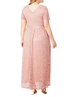 Women's Plus Size Curve Party Dress Lace Dress Sheath Dress Solid Color Long Dress Maxi Dress Short Sleeve Lace Ruched V Neck Fashion Wedding Pink Dark Blue Spring Fall XL XXL 3XL 4XL 5XL -HAYz Clothing Shop odkdse1693533321804