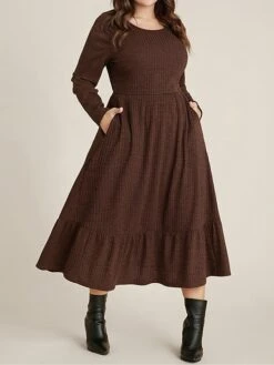 Women's Plus Size Curve Sweater Dress Winter Dress Casual Dress Plain Midi Dress Long Sleeve Ruffle Pocket Crew Neck Fashion Outdoor Coffee Fall Winter L XL 2XL 3XL 4XL