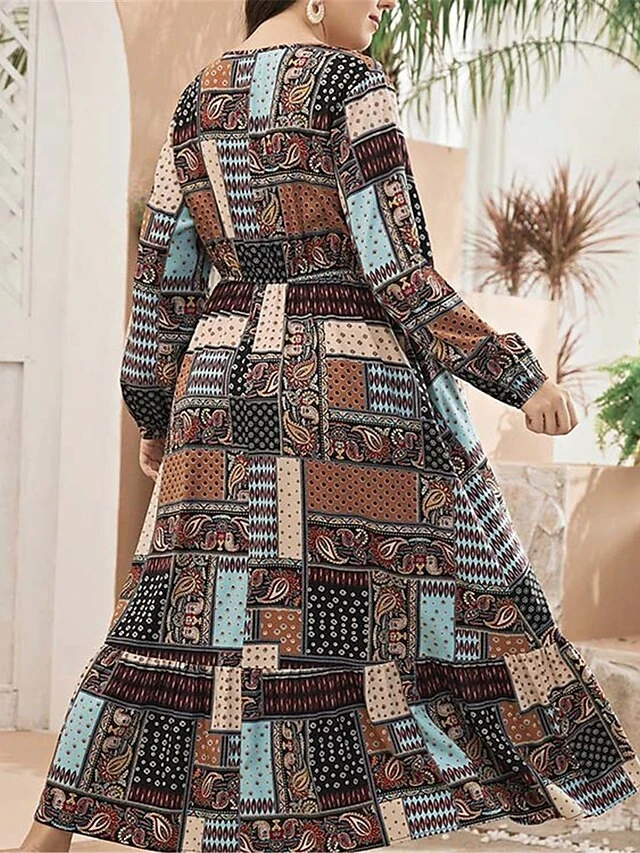 Women's Plus Size Curve Work Dress Swing Dress Semi Formal Dress Fashion Long Dress Maxi Dress Print V Neck Long Sleeve Geometric Paisley Regular Fit Khaki Fall Winter L XL XXL 3XL 4XL 3 Women's Plus Size Curve Work Dress Swing Dress Semi Formal Dress Fashion Long Dress Maxi Dress Print V Neck Long Sleeve Geometric Paisley Regular Fit Khaki Fall Winter L XL XXL 3XL 4XL - Image 3