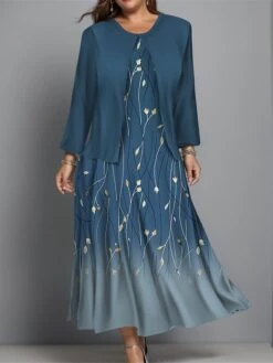 Women's Plus Size Two Piece Dress Set Casual Dress Swing Dress Outdoor Office Fashion Streetwear Print Midi Dress Crew Neck Long Sleeve Floral Ombre Regular Fit Wine Blue Green Fall Winter L XL XXL -HAYz Clothing Shop odrqep1697444372573