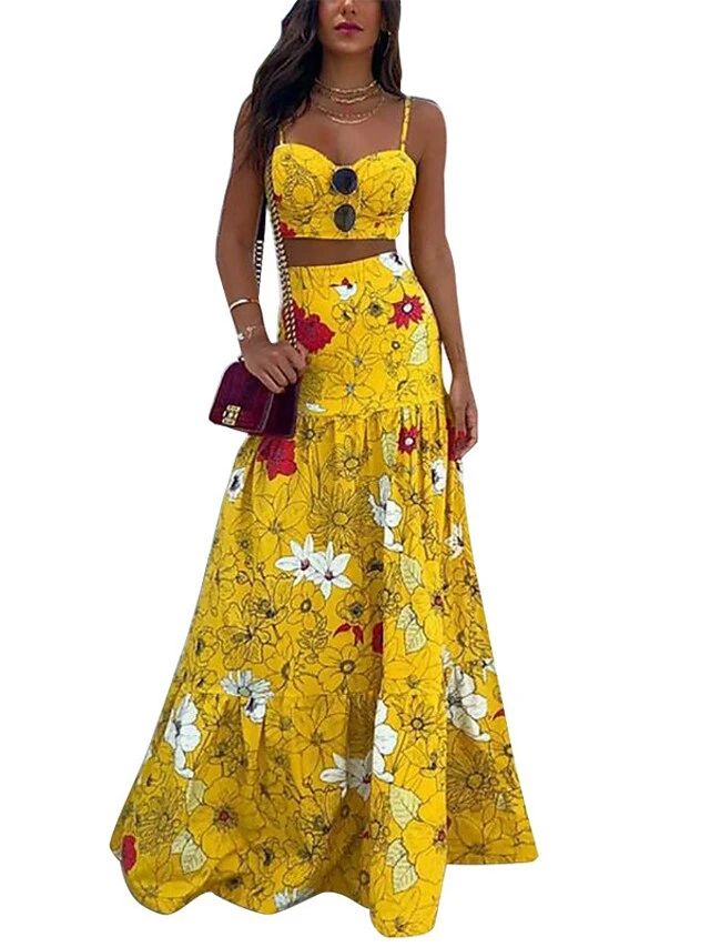 Women's Dress Set Two Piece Dress Skirt Set Long Dress Maxi Dress Yellow Green Sleeveless Floral Backless Summer Spring Spaghetti Strap Vacation 2023 S M L XL XXL 3XL 4 Women's Dress Set Two Piece Dress Skirt Set Long Dress Maxi Dress Yellow Green Sleeveless Floral Backless Summer Spring Spaghetti Strap Vacation 2023 S M L XL XXL 3XL - Image 4