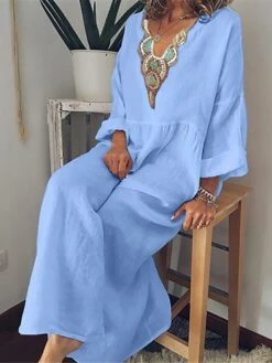 Women's Casual Dress Cotton Linen Dress Tiered Dress Maxi Long Dress Linen / Cotton Blend Fashion Gothic Outdoor Daily Vacation V Neck Print Long Sleeve Summer Spring Fall 2023 Loose Fit Black Blue