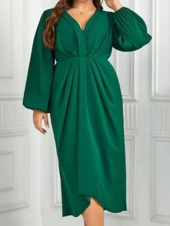 Women's Plus Size Curve Party Dress Casual Dress Sheath Dress Plain Midi Dress Long Sleeve Ruched V Neck Fashion Outdoor Green Fall Winter XL XXL 3XL 4XL