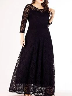 Women‘s Plus Size Curve Party Dress Solid Color Crew Neck Lace 3 4 Length Sleeve Spring Fall Casual Prom Dress Maxi Long Dress PartyEvening Casual Dress -HAYz Clothing Shop oejszc1634963334203