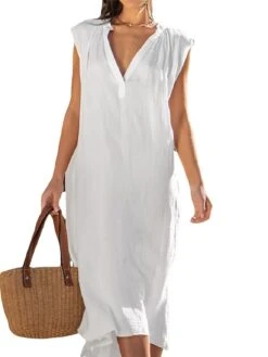 Women's Casual Dress Cotton Linen Dress Shift Dress Midi Dress Cotton Blend Basic Classic Outdoor Daily V Neck Basic Sleeveless Summer Spring 2023 Loose Fit White Navy Blue Blue Plain S M L XL 2XL -HAYz Clothing Shop oekbky1686639964898