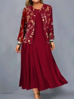 Women's Plus Size Curve Casual Dress Dress Set Two Piece Dress Floral Midi Dress Long Sleeve Print Crew Neck Mature Outdoor Wine Fall Winter L XL XXL 3XL 4XL