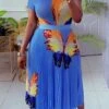 Women's Two Piece Dress Set Casual Dress Skirt Set Outdoor Vacation Streetwear Casual Pleated Print Midi Dress Crew Neck Short Sleeve Butterfly Slim Blue Summer Spring S M L XL XXL