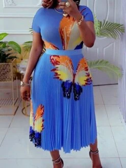 Women's Two Piece Dress Set Casual Dress Skirt Set Outdoor Vacation Streetwear Casual Pleated Print Midi Dress Crew Neck Short Sleeve Butterfly Slim Blue Summer Spring S M L XL XXL