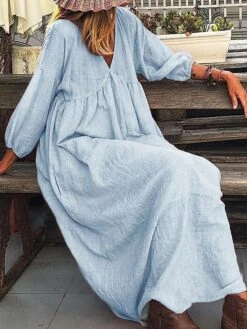Women's Cotton Linen Dress Casual Dress Swing Dress Maxi Long Dress Cotton Blend Basic Casual Outdoor Daily V Neck Ruched Long Sleeve Summer Spring Fall 2023 Regular Fit Pink Sky Blue Gray Pure Color