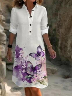 Women's Shirt Dress Casual Dress Cotton Linen Dress Midi Dress Polyester Fashion Casual Daily Outdoor Daily Vacation Shirt Collar Button Pocket Long Sleeve Summer Spring Fall 2023 Loose Fit Yellow -HAYz Clothing Shop offycf1691067608050