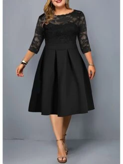 Women‘s Plus Size Curve Party Dress Solid Color Crew Neck Lace 3/4 Length Sleeve Spring Fall Elegant Prom Dress Mature Knee Length Dress Formal Party Dress -HAYz Clothing Shop ofjjkf1673244836351