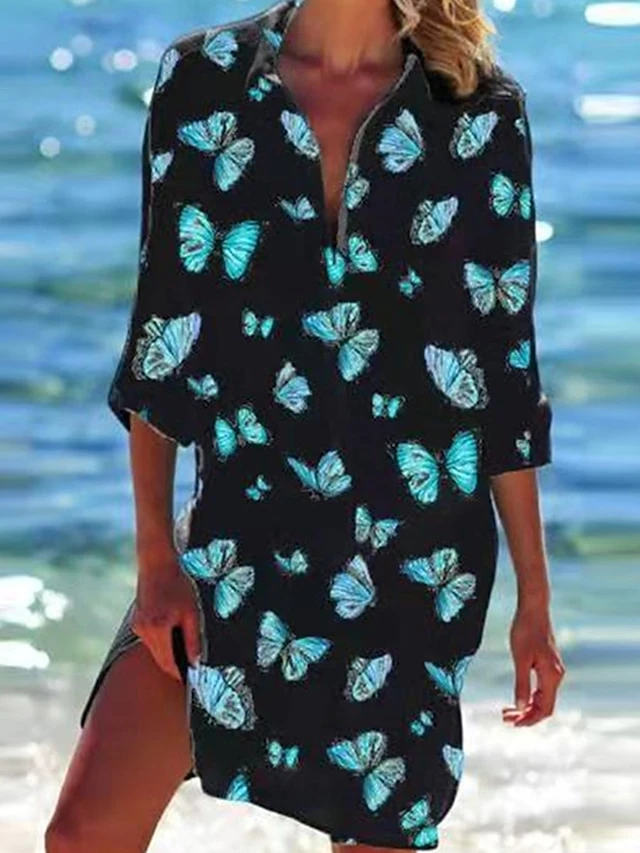 Women's Shirt Dress Beach Dress Beach Wear Mini Dress Button Pocket Fashion Casual Butterfly Turndown 3/4 Length Sleeve Loose Fit Outdoor Daily Black Green 2023 Spring Summer S M L XL 4 Women's Shirt Dress Beach Dress Beach Wear Mini Dress Button Pocket Fashion Casual Butterfly Turndown 3/4 Length Sleeve Loose Fit Outdoor Daily Black Green 2023 Spring Summer S M L XL - Image 4