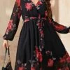 Women's Plus Size Curve Party Dress Cocktail Dress Wedding Guest Dress Midi Dress Black Long Sleeve Flower Lace Up Summer Spring Fall V Neck Fashion Wedding Guest Vacation Fall Dress L XL XXL 3XL 4XL