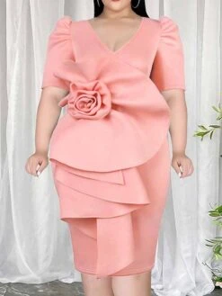 Women‘s Plus Size Curve Party Dress Solid Color V Neck Half Sleeve Spring Fall Elegant Formal Knee Length Dress Formal Party Dress
