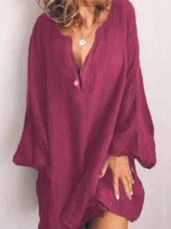 Women's Cotton Linen Dress Casual Dress Shift Dress Mini Dress Cotton Blend Fashion Modern Daily Vacation V Neck Button Long Sleeve Summer Spring 2023 Regular Fit Wine Blue Brown Pure Color S M L XL -HAYz Clothing Shop ofyyrn1680157962661