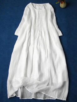 Women's Casual Dress Cotton Linen Dress Swing Dress Midi Dress Cotton Blend Basic Casual Outdoor Daily Crew Neck Ruched Pocket Short Sleeve Summer Spring 2023 Loose Fit White Pink Purple Plain M L XL -HAYz Clothing Shop ofzvzc1676278276844