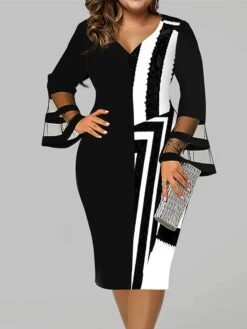 Women‘s Plus Size Curve Work Dress Bodycon Sheath Dress Stripe Midi Dress Long Sleeve Mesh V Neck Elegant Outdoor White Red Spring Fall L XL XXL 3XL 4XL