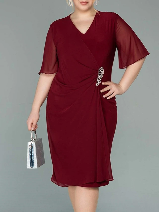 Women‘s Plus Size Curve Party Dress Cocktail Dress Wedding Guest Dress Midi Dress Wine Half Sleeve Pure Color Beads Summer Spring Fall V Neck Fashion Birthday Wedding Guest Vacation 2023 1 Women‘s Plus Size Curve Party Dress Cocktail Dress Wedding Guest Dress Midi Dress Wine Half Sleeve Pure Color Beads Summer Spring Fall V Neck Fashion Birthday Wedding Guest Vacation 2023
