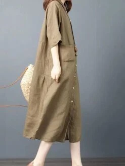 Women's Shirt Dress Casual Dress Cotton Dress Midi Dress Cotton Basic Classic Outdoor Daily Vacation Shirt Collar Button Pocket Half Sleeve Spring Fall Winter 2023 Loose Fit ArmyGreen Orange Plain S -HAYz Clothing Shop ogqtzv1692695051351