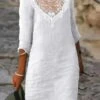 Women's Casual Dress Cotton Linen Dress Lace Dress Midi Dress Polyester Basic Classic Outdoor Daily Vacation V Neck Lace Patchwork 3/4 Length Sleeve Summer Spring Fall 2023 Regular Fit White Plain S