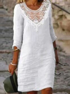 Women's Casual Dress Cotton Linen Dress Lace Dress Midi Dress Polyester Basic Classic Outdoor Daily Vacation V Neck Lace Patchwork 3/4 Length Sleeve Summer Spring Fall 2023 Regular Fit White Plain S