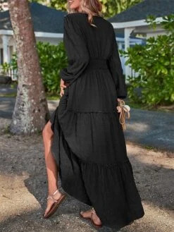 Women's Casual Dress Cotton Linen Dress Swing Dress Midi Dress Polyester Fashion Modern Outdoor Daily Vacation V Neck Ruched Ruffle Long Sleeve Summer Spring Fall 2023 Loose Fit Black Yellow Blue -HAYz Clothing Shop ogvpcx1691040687466