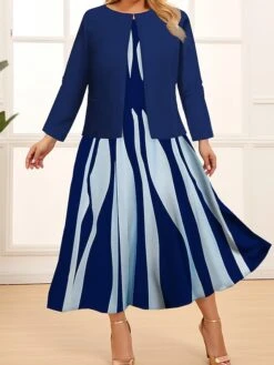 Women‘s Plus Size Curve Two Piece Dress Set Casual Dress Swing Dress Outdoor Office Fashion Streetwear Print Midi Dress Crew Neck Long Sleeve Geometric Color Block Regular Fit Black Navy Blue