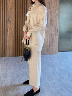 Women's Two Piece Dress Set Casual Dress Skirt Set Outdoor Daily Fashion Streetwear Button Pocket Long Dress Maxi Dress Shirt Collar Long Sleeve Plain Loose Fit Brown Green Beige Fall Winter S M L XL -HAYz Clothing Shop ohjpix1693534952235