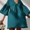 Women's Casual Dress Cotton Dress Swing Dress Mini Dress Cotton Fashion Modern Outdoor Daily Holiday V Neck Lace Up Ruched 3/4 Length Sleeve Fall Winter Autumn 2023 Loose Fit Light Green Blue Purple