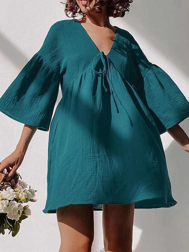 Women's Casual Dress Cotton Dress Swing Dress Mini Dress Cotton Fashion Modern Outdoor Daily Holiday V Neck Lace Up Ruched 3/4 Length Sleeve Fall Winter Autumn 2023 Loose Fit Light Green Blue Purple 1 Women's Casual Dress Cotton Dress Swing Dress Mini Dress Cotton Fashion Modern Outdoor Daily Holiday V Neck Lace Up Ruched 3/4 Length Sleeve Fall Winter Autumn 2023 Loose Fit Light Green Blue Purple