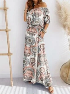 Women's Two Piece Dress Set Casual Dress Skirt Set Outdoor Daily Modern Casual Pocket Drawstring Long Dress Maxi Dress Off Shoulder Half Sleeve Floral Loose Fit Blue Gray Summer Spring S M L XL XXL -HAYz Clothing Shop ohrzfc1681958075958
