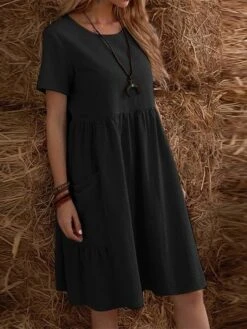 Women's Casual Dress Cotton Linen Dress Maxi Long Dress Linen / Cotton Blend Fashion Street Style Daily Date Weekend Crew Neck Ruffle Pocket Short Sleeve Summer 2023 Regular Fit Claret Black Yellow -HAYz Clothing Shop ohzomv1687233825448